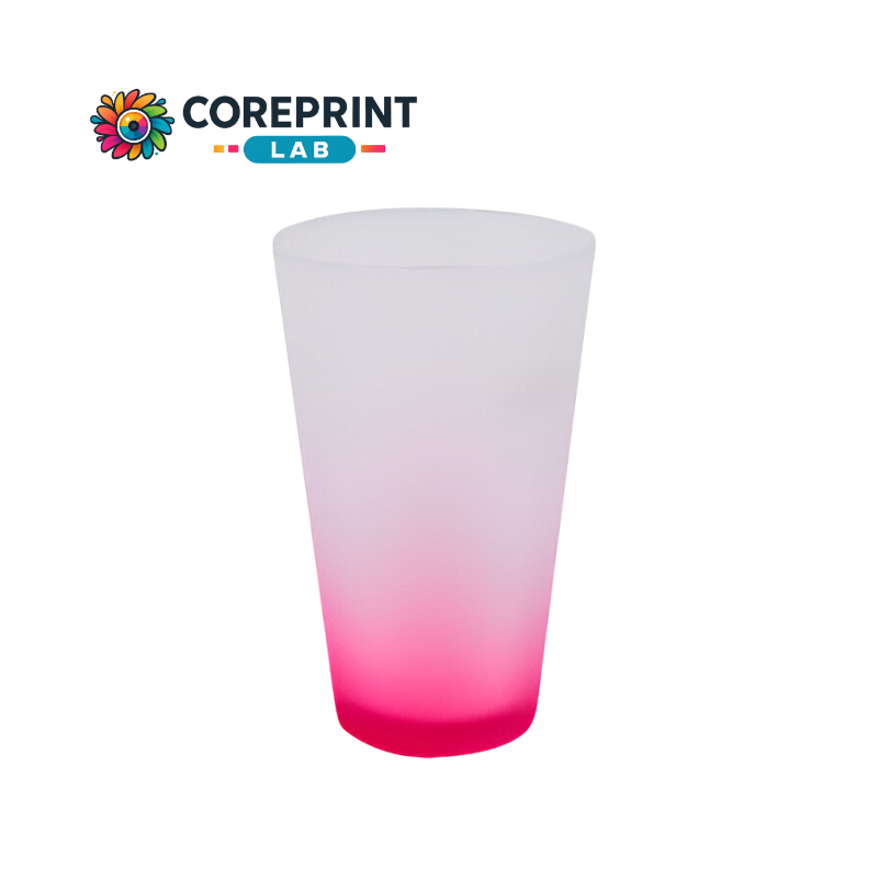 Vaso de Vidrio Cervecero Satinado con Fondo Rosa 17 oz – Ideal para Sublimación