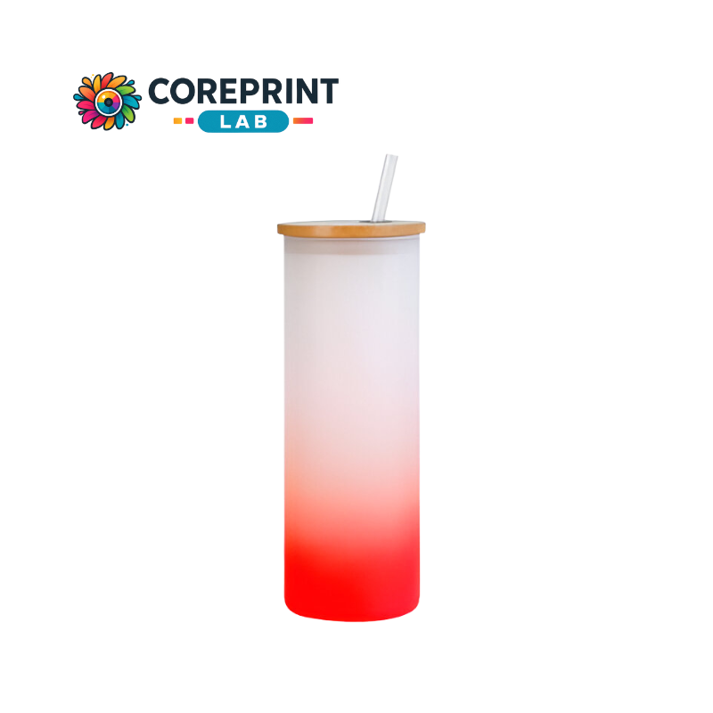 Vaso de Vidrio Recto Satinado con Tapa de Bambú y Popote con Fondo Rojo 16 oz – Ideal para Sublimación y Regalos Personalizados