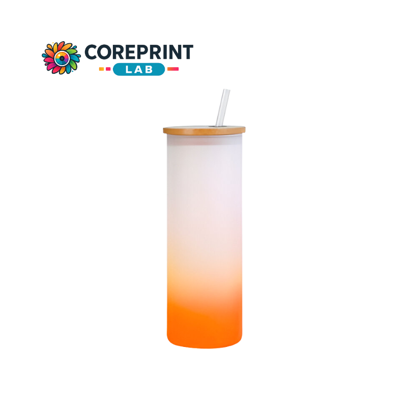 Vaso de Vidrio Recto Satinado con Tapa de Bambú y Popote con Fondo Naranja 16 oz – Ideal para Sublimación y Regalos Personalizados