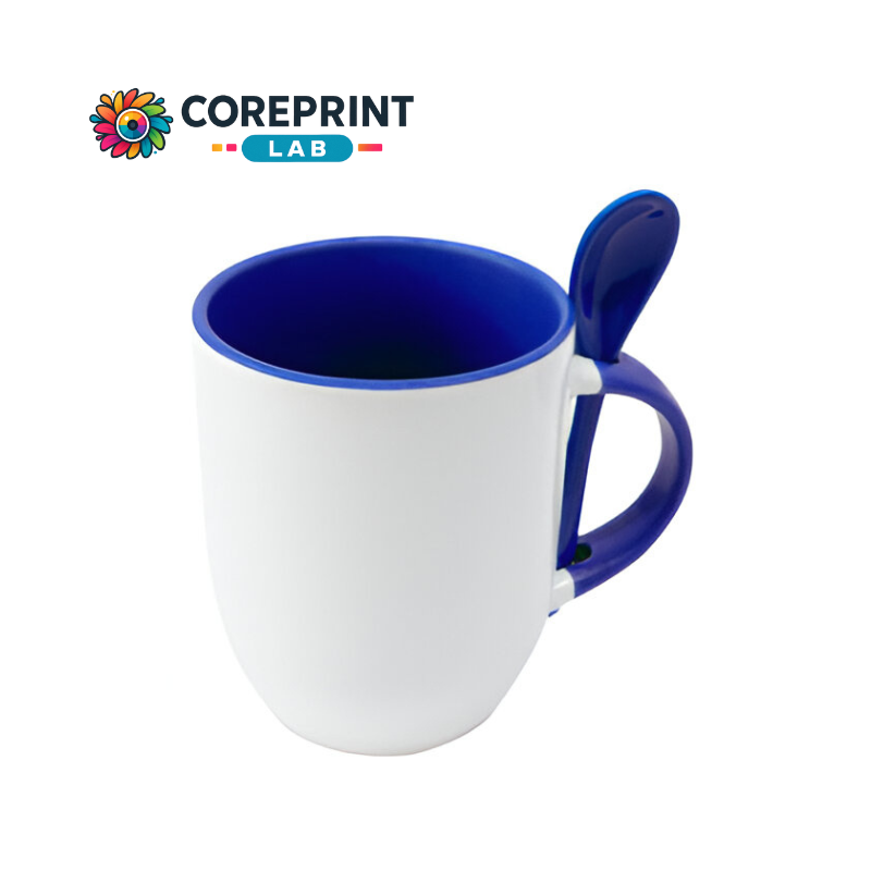 Taza Blanca con Cuchara Azul Cobalto 11oz para Sublimación