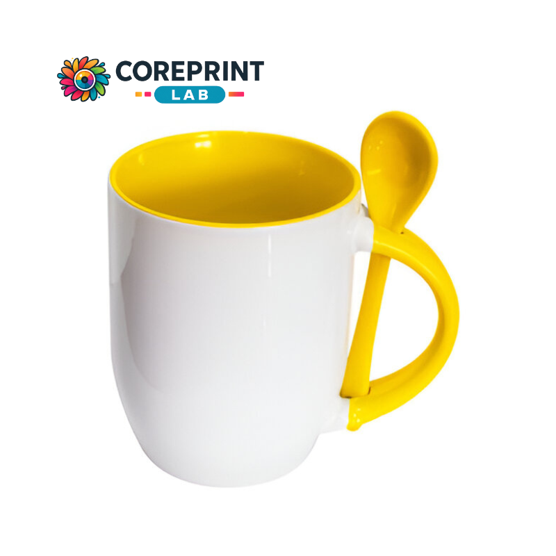 Taza Blanca con Cuchara Amarilla 11oz para Sublimación
