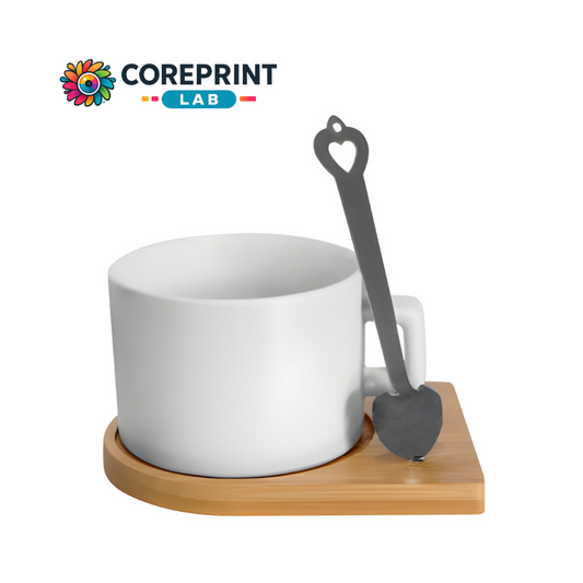Taza Blanca Tipo Té 8oz con Base de Madera y Cuchara Metálica