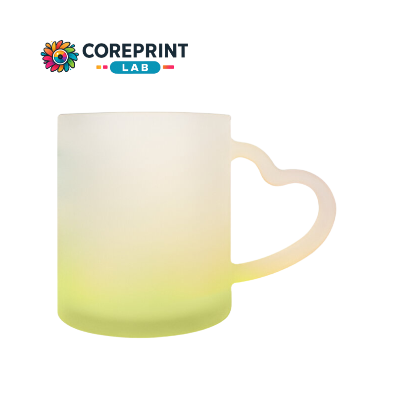 Taza de Vidrio Satinado con Mango en Forma de Corazón y Fondo Amarillo 11oz para Sublimación