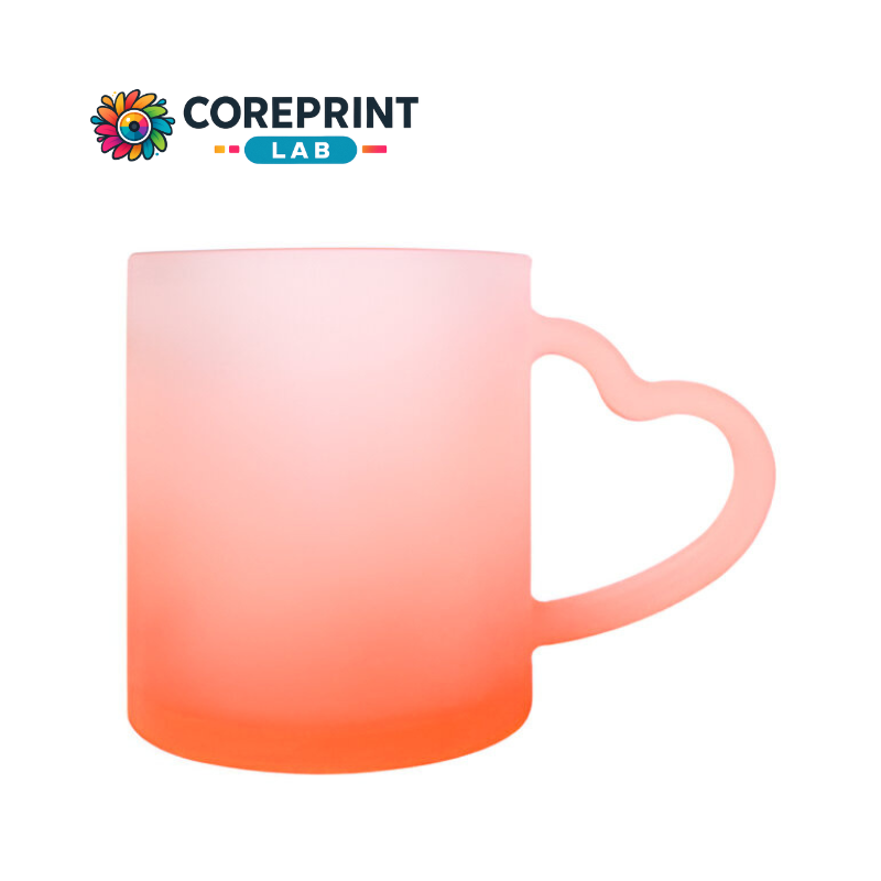 Taza de Vidrio Satinado con Mango en Forma de Corazón y Fondo Naranja 11oz para Sublimación