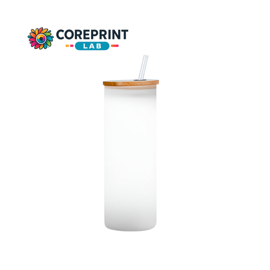 Vaso de Vidrio Recto Satinado con Tapa de Bambú y Popote Natural 16 oz – Ideal para Sublimación y Uso Ecológico