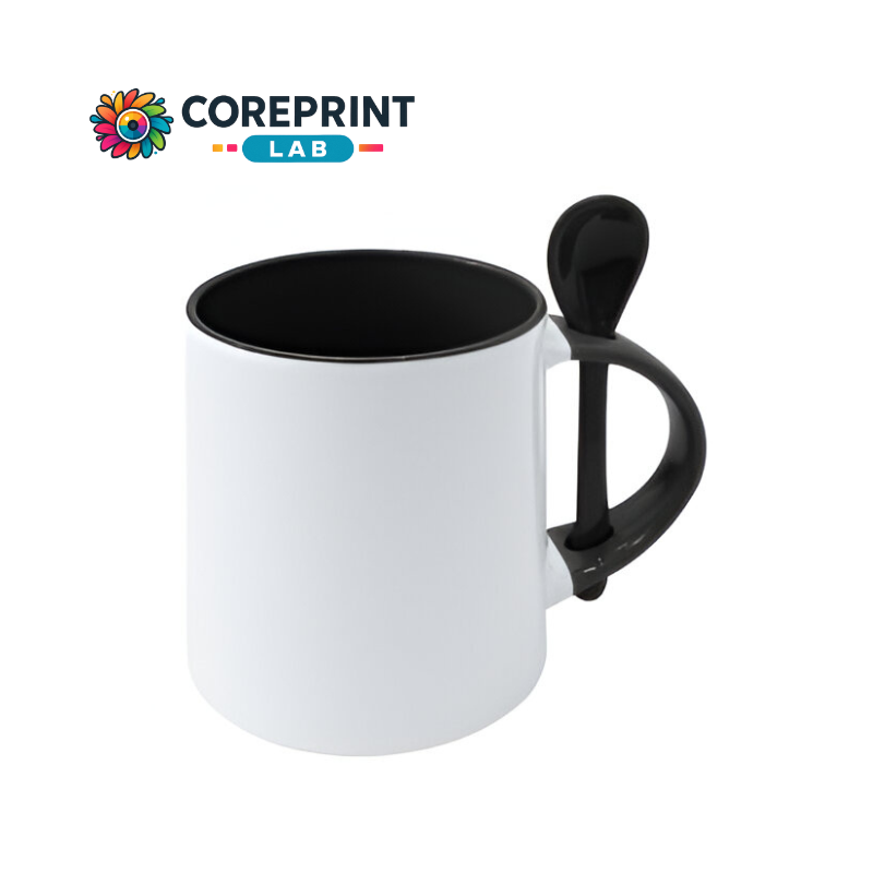 Taza Base Redonda con Cuchara Negra 11oz para Sublimación – Insumo