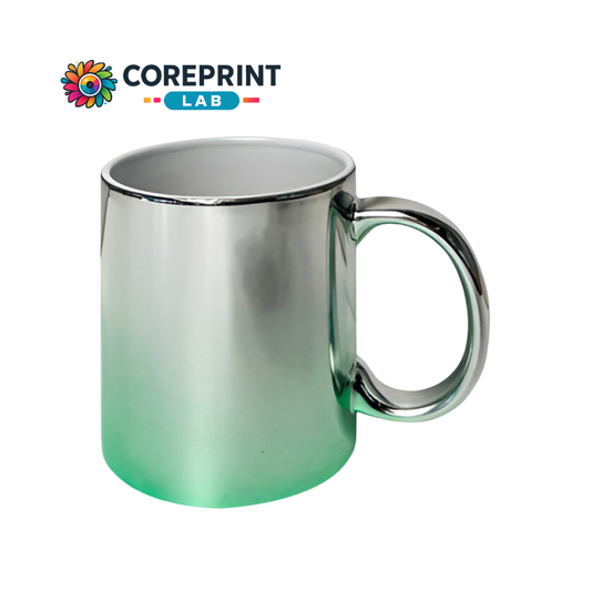 Taza Espejo Bicolor Plata/Verde 11 oz – Brillo Metálico y Estilo Moderno para Sublimación