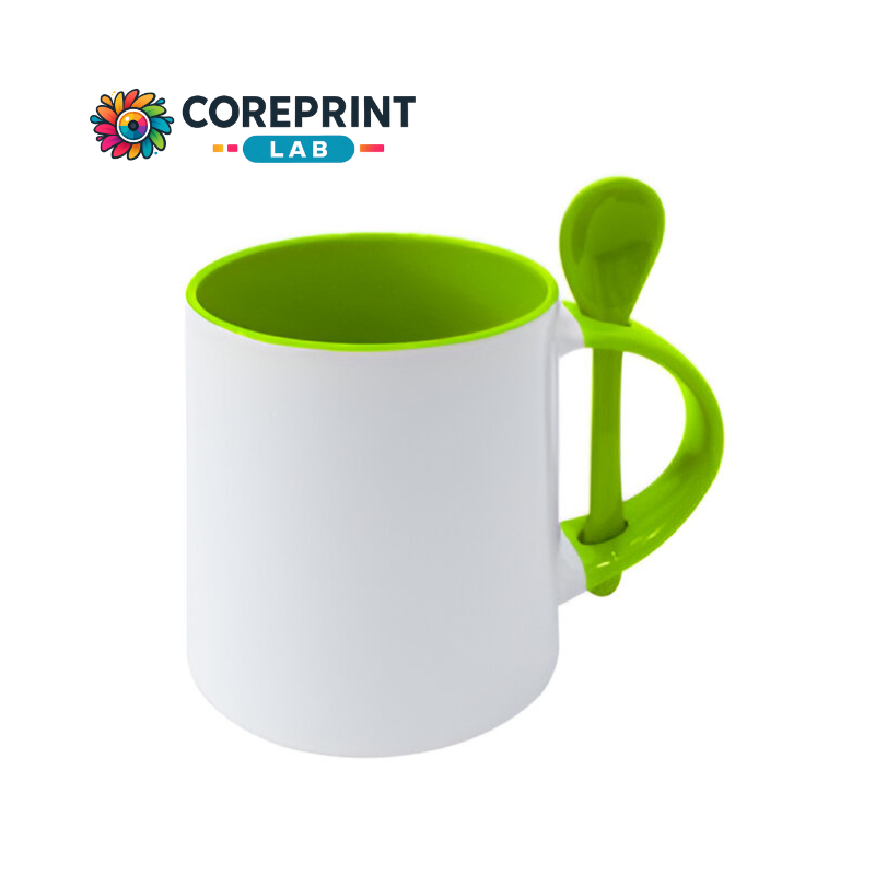 Taza Base Redonda con Cuchara Verde Limón 11oz para Sublimación