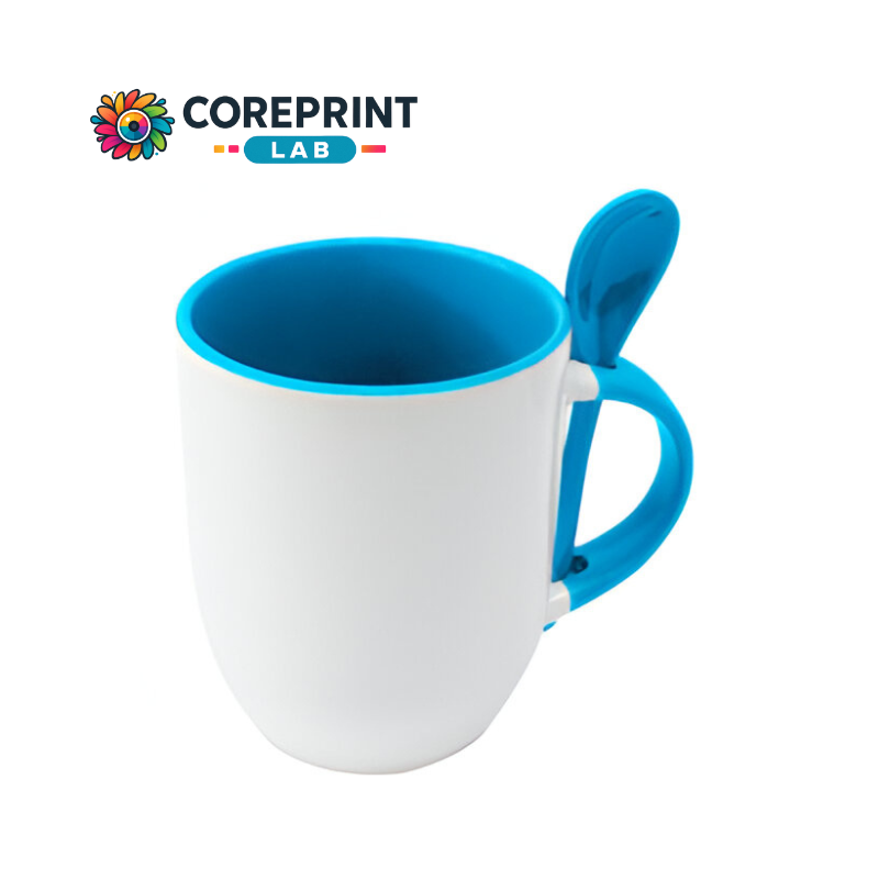 Taza Blanca con Cuchara Azul Cielo 11oz para Sublimación
