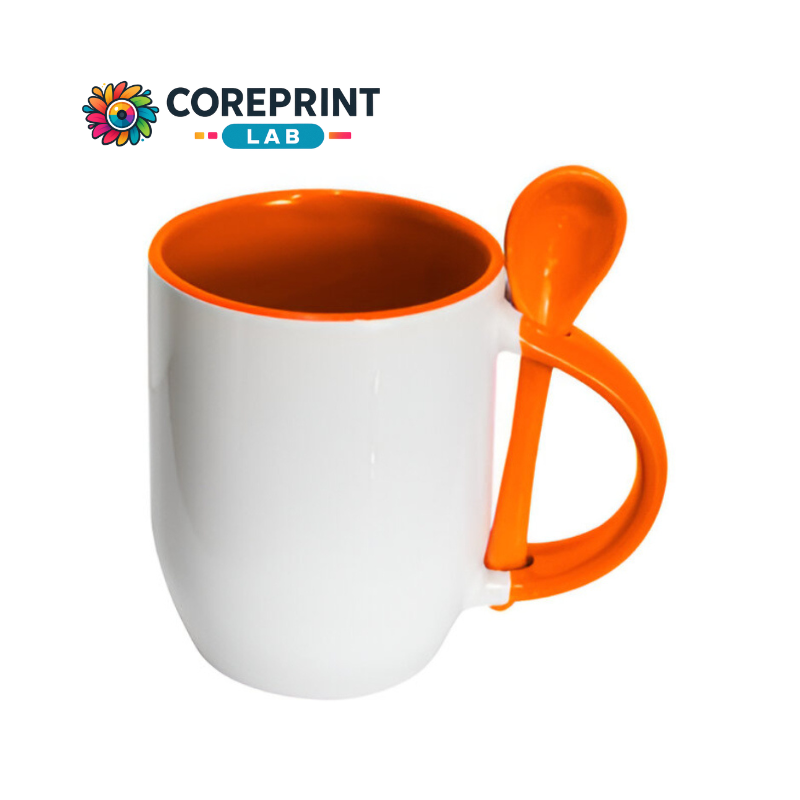 Taza Blanca con Cuchara Naranja 11oz para Sublimación