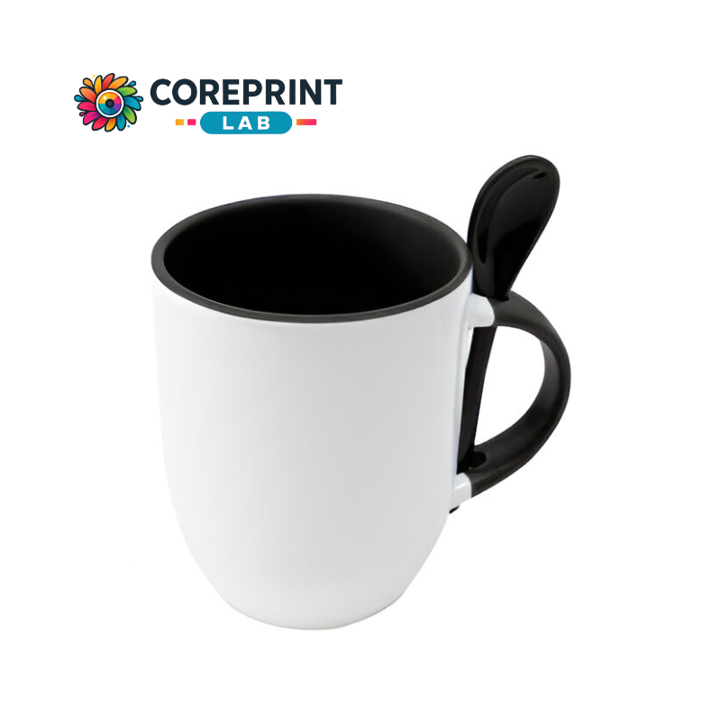 Taza Blanca con Cuchara Negra 11oz para Sublimación