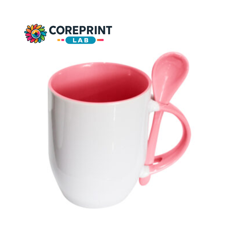 Taza Blanca con Cuchara Rosa 11oz para Sublimación