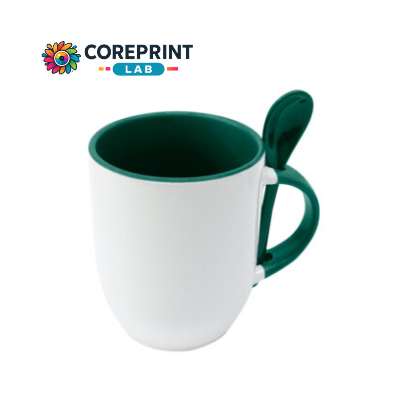 Taza Blanca con Cuchara Verde 11oz para Sublimación