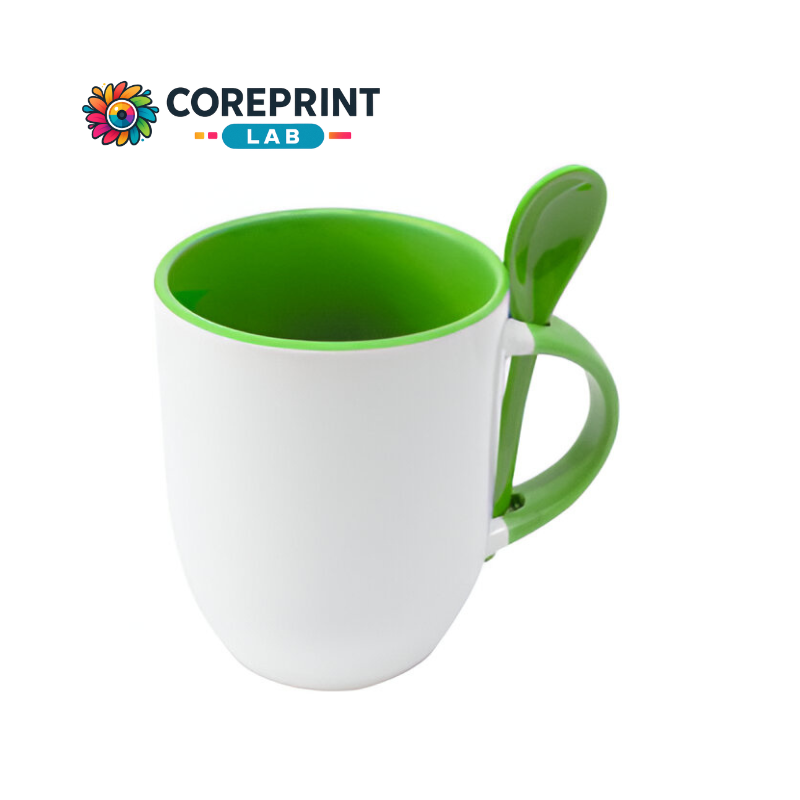 Taza Blanca con Cuchara Verde Limón 11oz para Sublimación