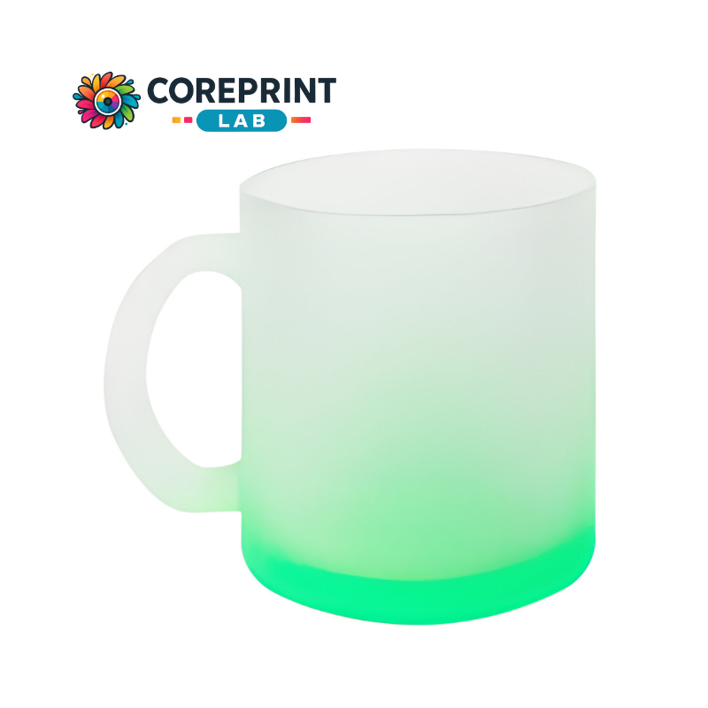 Taza de Vidrio Satinado Verde 11oz para Sublimación – Insumo