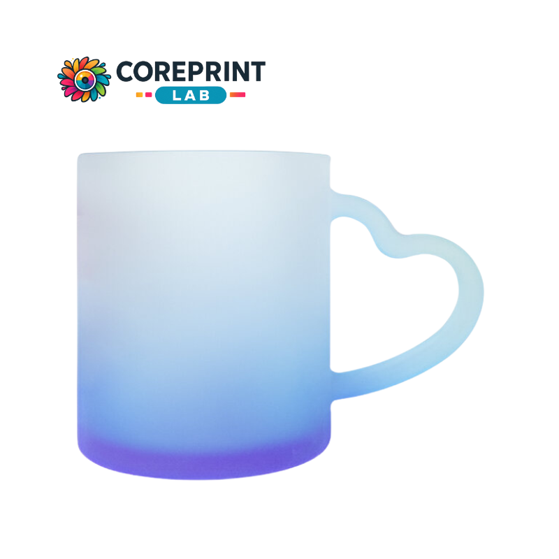 Taza de Vidrio Satinado con Mango en Forma de Corazón y Fondo Azul 11oz para Sublimación