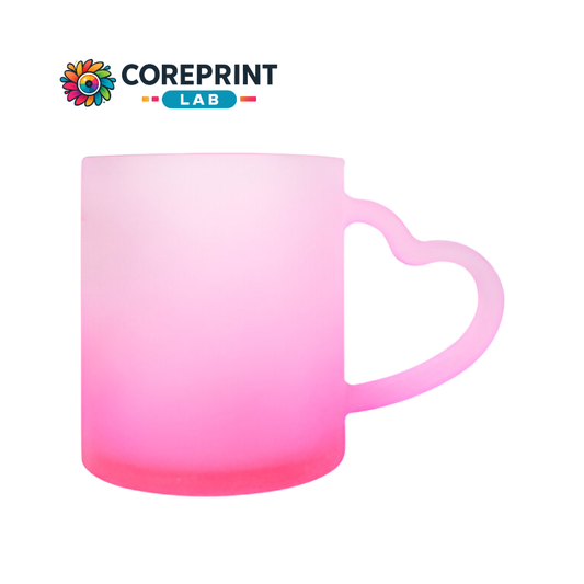 Taza de Vidrio Satinado con Mango en Forma de Corazón y Fondo Rosa 11oz para Sublimación